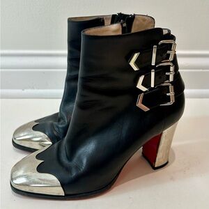 Christian Louboutin Black Leather Ankle Boots with Silver Cap Toe & Heel